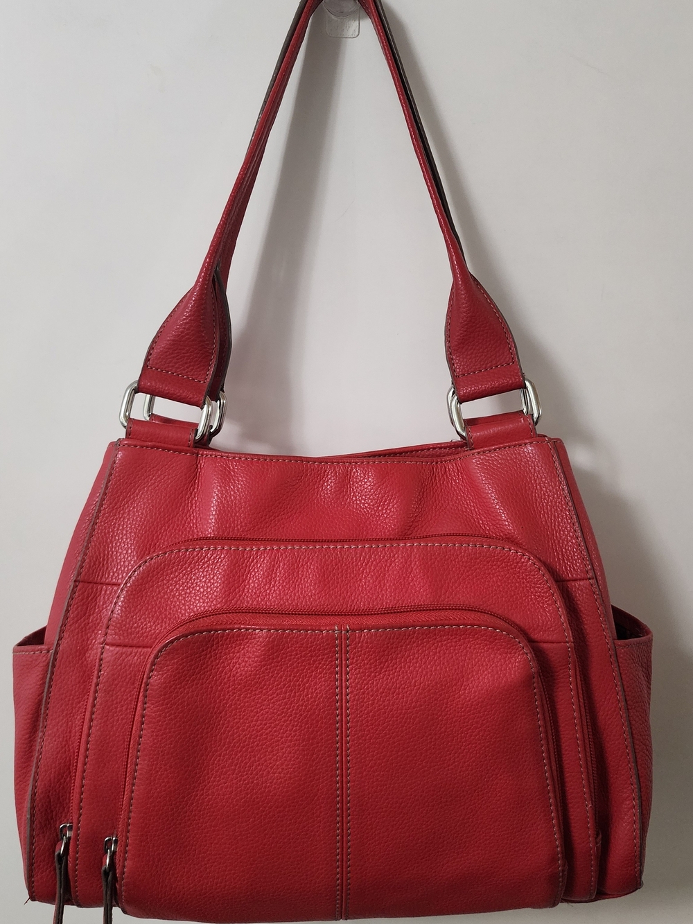 Tignanello Pebbled Leather Multi Pocket Shoulder Bag Red Organizer Purse